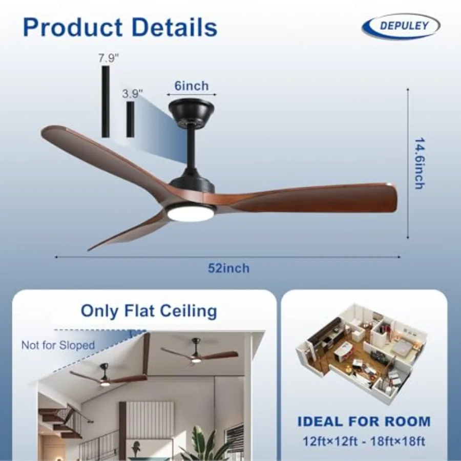 52-Inch Ceiling Fan with Light: Walnut 3 Blade Outdoor Fan for Patios Dimmable Indoor Fan, Remote APP Control, Ultra Quiet DC M