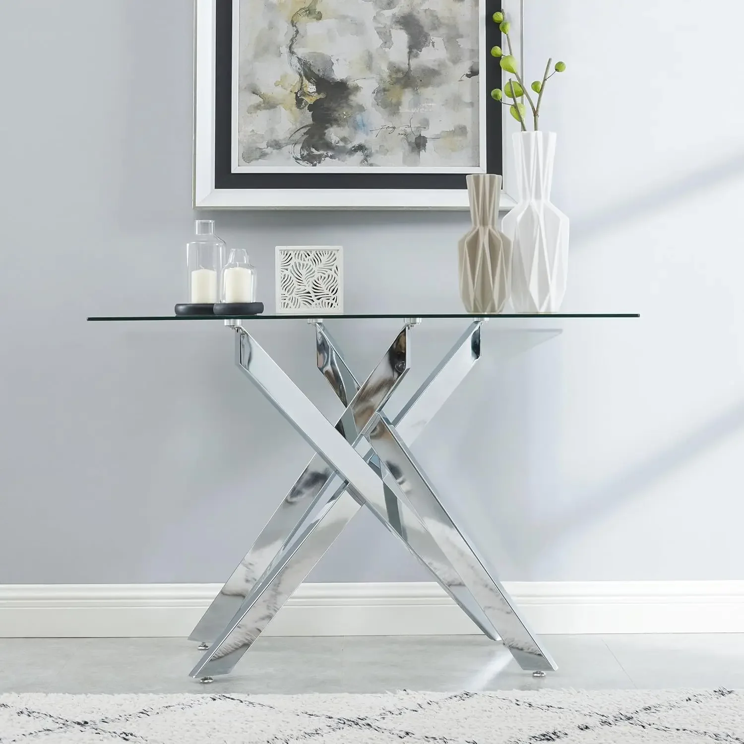 Console Table Narrow Sofa Table with Tempered Glass Top and Metal Tubular Legs, 45