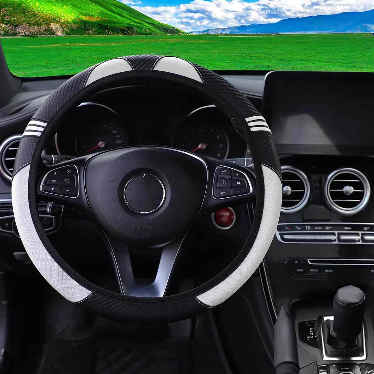 3 Sets Kleine Monster Carbonfaser-Leder-Auto-Lenkradabdeckung ohne Innenring, Handbremsenabdeckung, Autozubehör – Detail 6