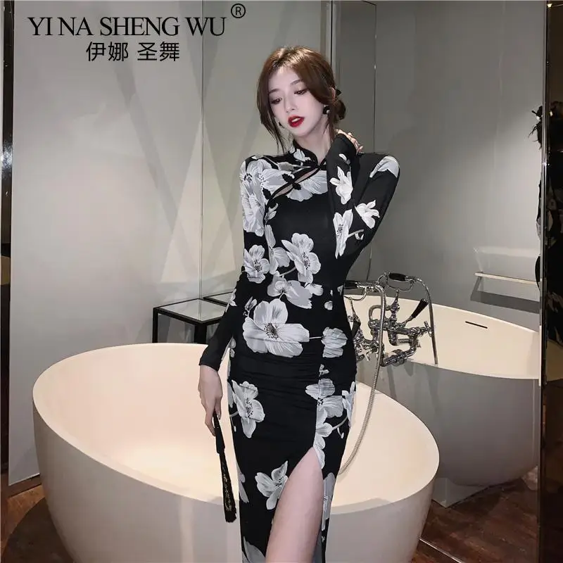 Autumn Retro Print New Improved Waist Pleat Slit Mid-length Cheongsam Dress Long Sleeve Dress Elegant Cheongsam Black Long Skirt