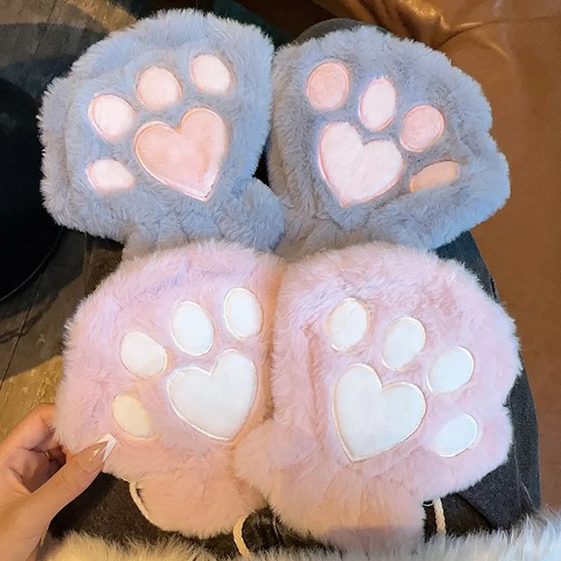 

Cute Fluffy Cat Paw Claw Fingerless Gloves Plush Fingerless Panda Mittens Warm Soft Half Finger Women Winter Wear Christmas Gift