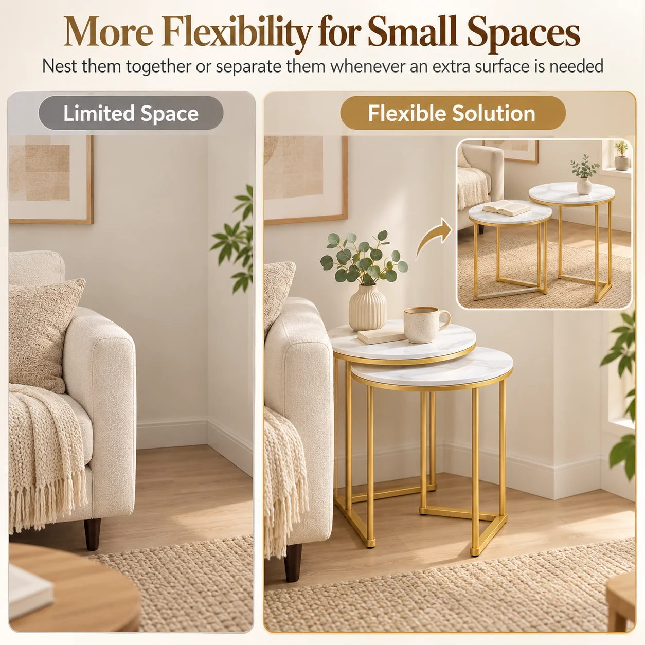 Set of 2 Round Nesting Side Tables 45cm Sintered Stone Tops Gold Metal Frame for Living Room Sofa Side