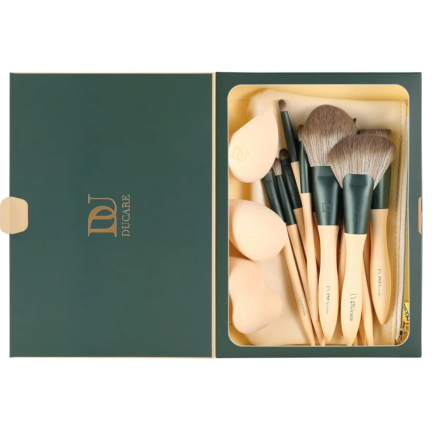 DUcare 14 ชิ้นชุดแปรงแต่งหน้า 3 ฟองน้ํากระเป๋าเครื่องสําอาง Kabuki Foundation Face Powder Blush คอนซีลเลอร์แปรงอายแชโดว์