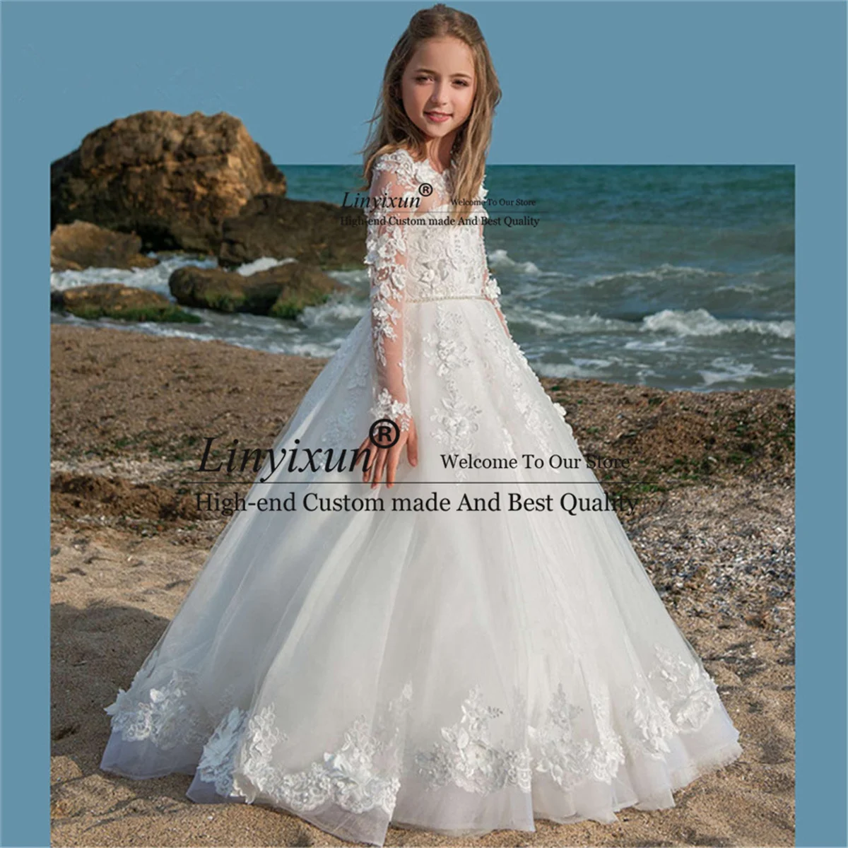 

Lovely A Line Lace Flower Girl Dress Appliques First Communion Dresses Scoop Full Sleeve Court Train Pageant Kids Party Dress