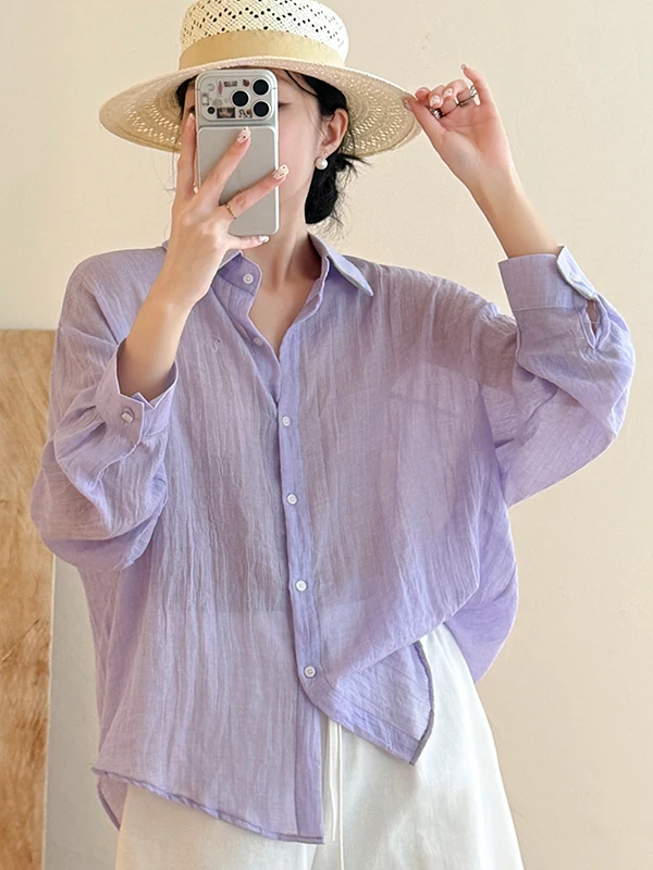 

Women's Cotton Linen Shirt Summer Loose Lightweight Long Sleeve Sun Protection Large Size Color Outerwear Top Casual Style
