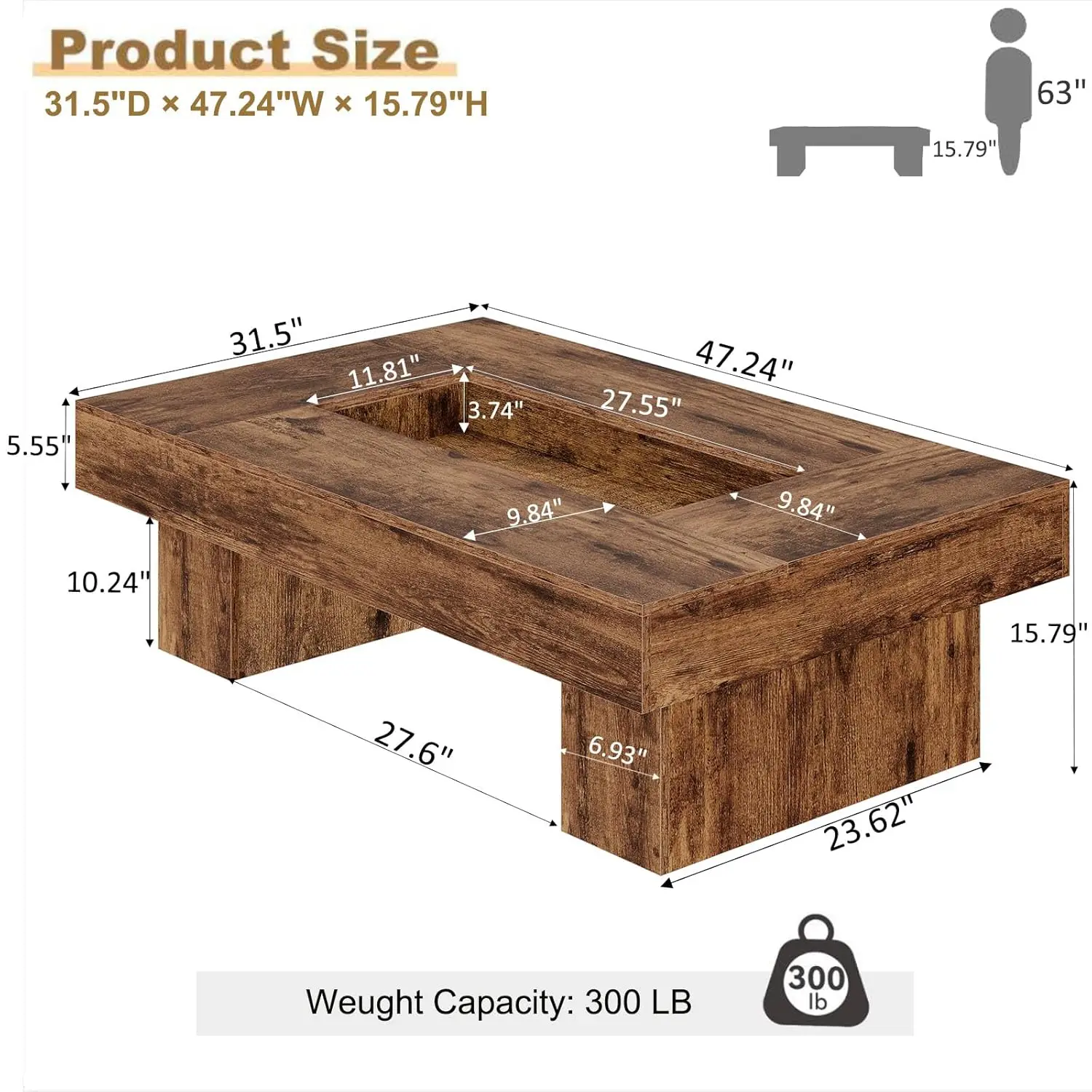 # Rustykalny Stolik Kawowy z Drewnianą Półką do Przechowywania, Oświetlenie LED, Prostokątny, Styl Farmhouse, Do Domu/Biura, 120 cm, Personalizowany