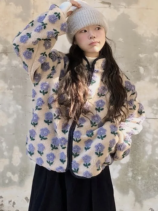 

Color Blo Flower Embroidered Lamb Fur Cotton Jaet Women's Loose Stand Collar Autumn Winter Warm Anti Aging Cotton Coat