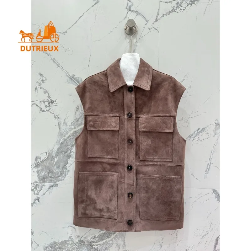 Winter Suede Leather Jacket with Lapel and  Pockets Oversize, 100% Genuine Sheepskin Gentle and Luxurious Fashion Women's Coat
