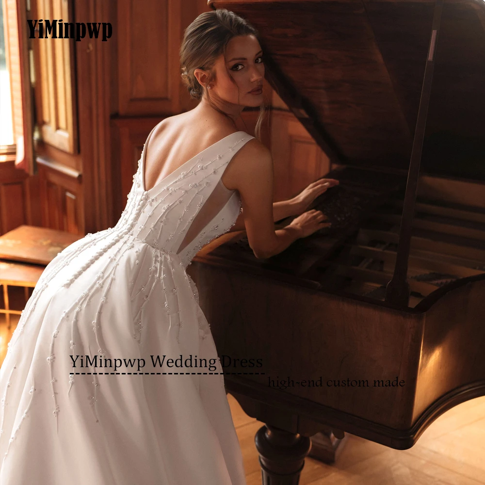 Customized Beading Scoop Neck Wedding Dresses 2025 Bride Pocket Backless A-Line Satin Vintage Bride Gowns vestidos de novia