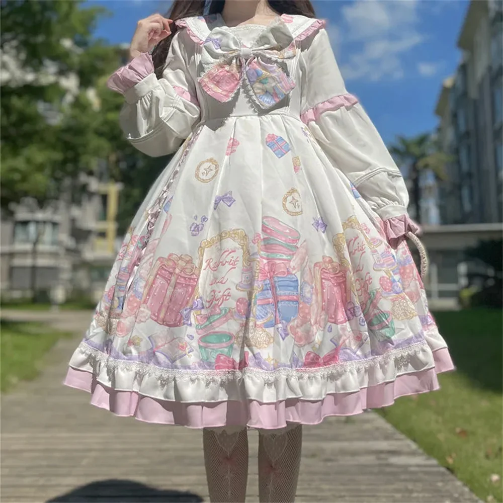 Spotkanie przy herbacie dziewczyny japoński słodki Bowknot drukowanie sukienka Lolita Kawaii kobieta kołnierz piotruś Pan bufiaste rękawy Cosplay Lolita Op