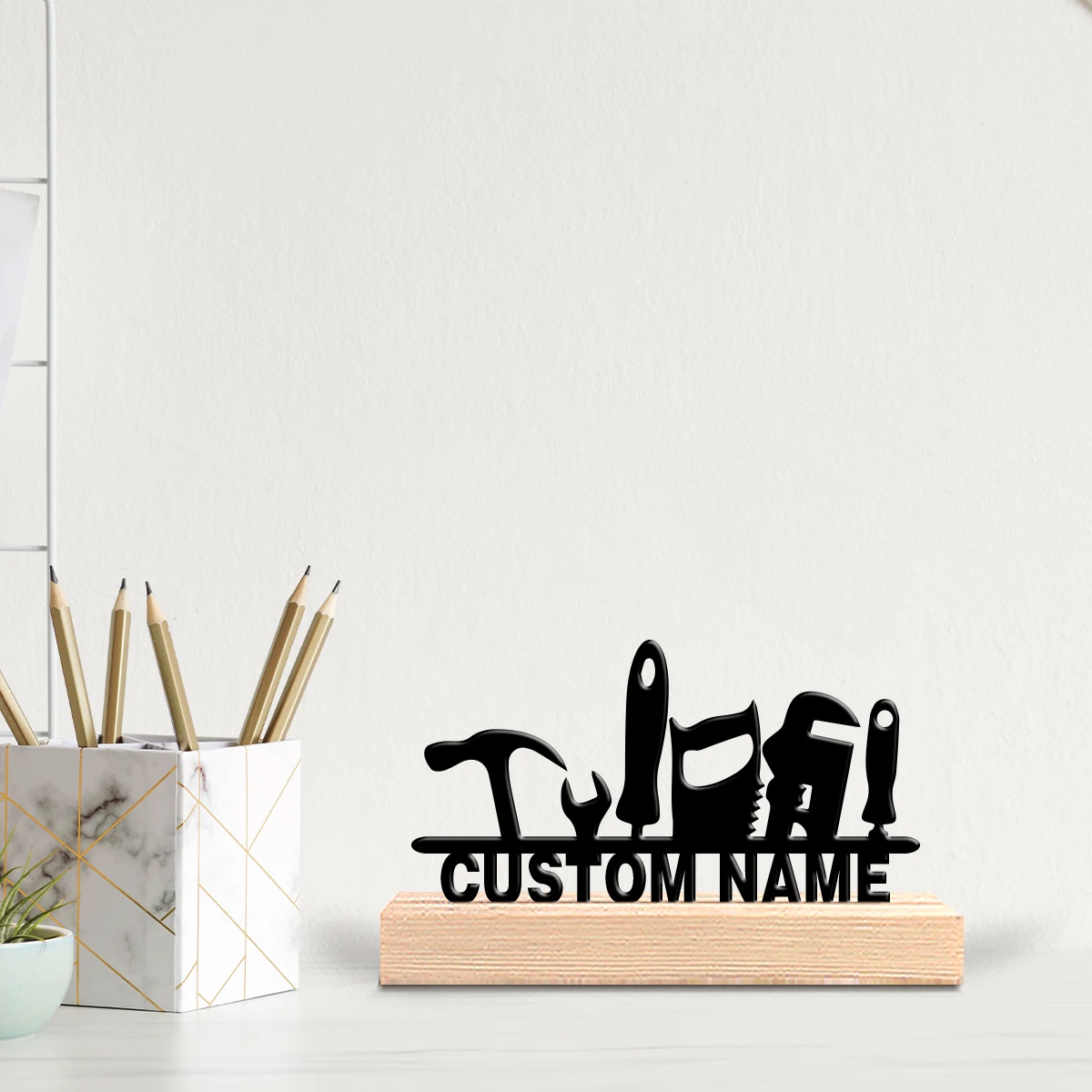1pc Creative kit Custom Letter Metal Statue Tin Ornament Tin Sculpture With Wood Base Handicraft With Wood Base For Youth Gifts