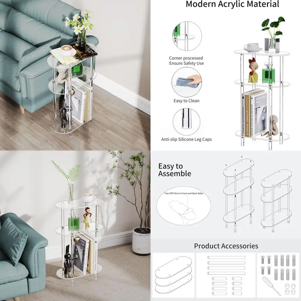 

Compact 3-Tier Acrylic Side Table, 15.75 Long x 7.87 Wide x 24.6 Tall, Modern Slim End Table for Small Spaces, Ideal for Bedroom