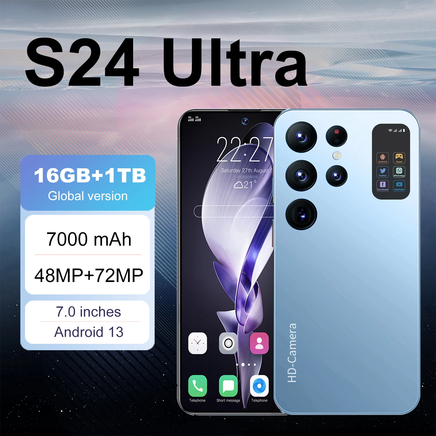 S24 Ultra New Smartphone 7.0 Inch  Android 13 16GB+1TB 7000mAh 48MP+72MP Global Version 5G Fingerprint unlocking Dual SIM Phone