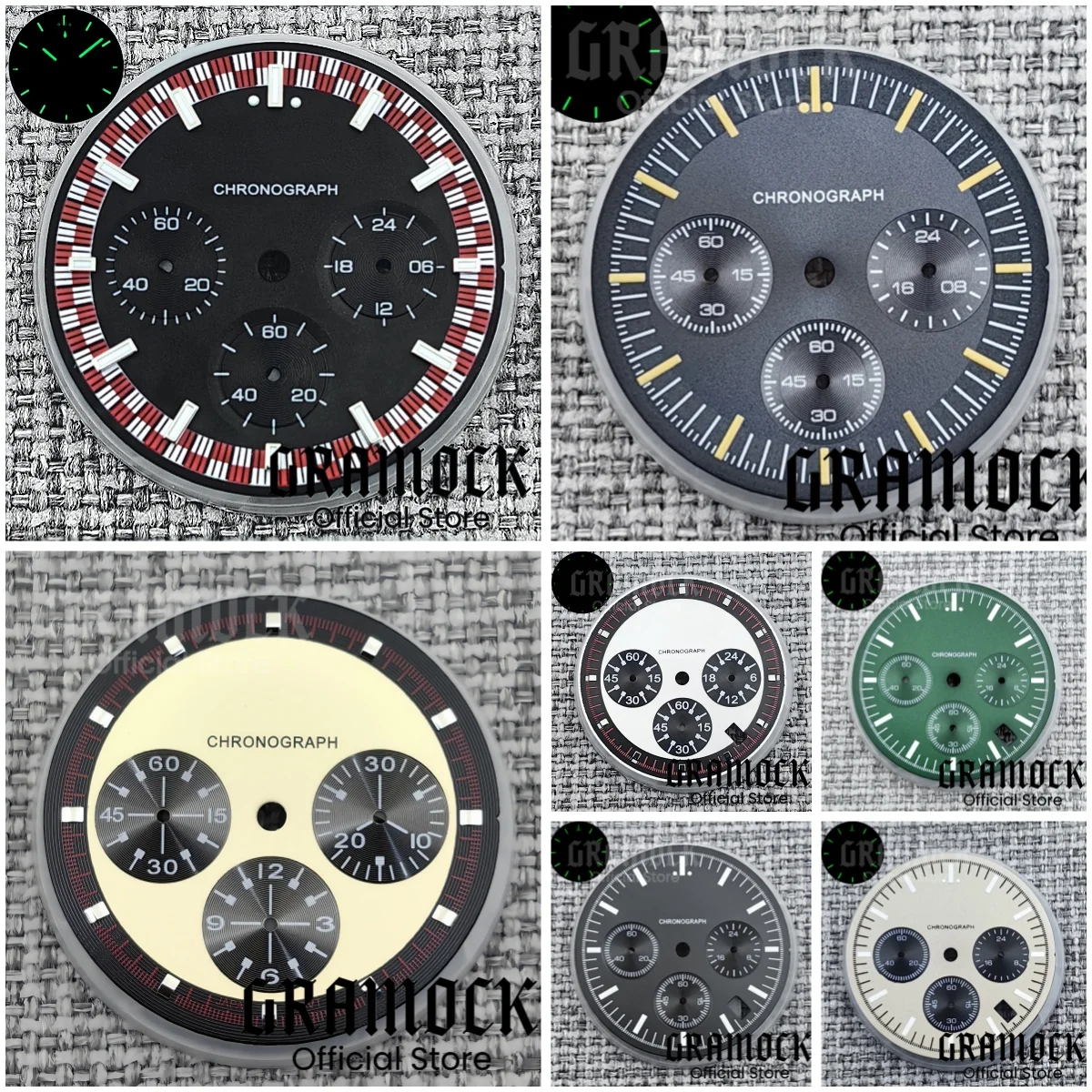 Gramock 31.5mm 6- Pin Sterile Watch Dial Red Green Black Panda Watch Dial VK63 Watch Hands Set Luminous Fit VK63 Quartz Movement