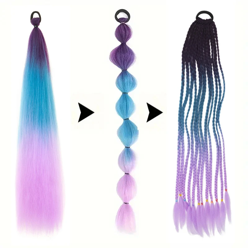 Cola de caballo sintética larga y recta de 24 pulgadas con banda elástica, accesorio de cabello colorido para trenzas DIY 4