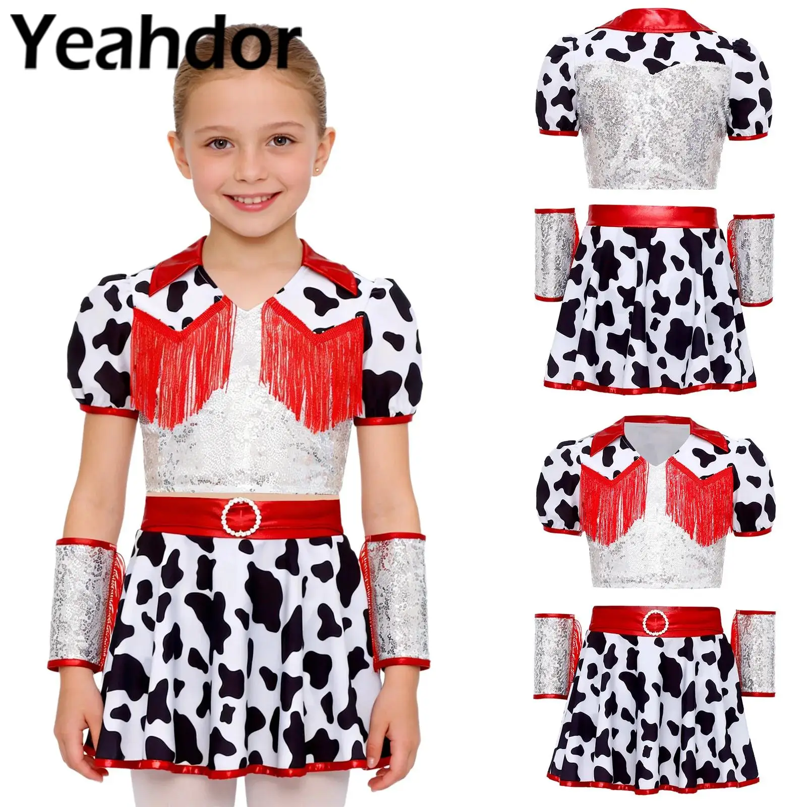 ชุดคอสเพลย์คาวเกิร์ลตะวันตกสำหรับเด็กผู้หญิง ชุดแฟนซีฮาโลวีน แต่งเลื่อมระยิบระยับ พร้อมชายครุย ชุดสองชิ้นสำหรับงานปาร์ตี้แฟนซีและการแสดง