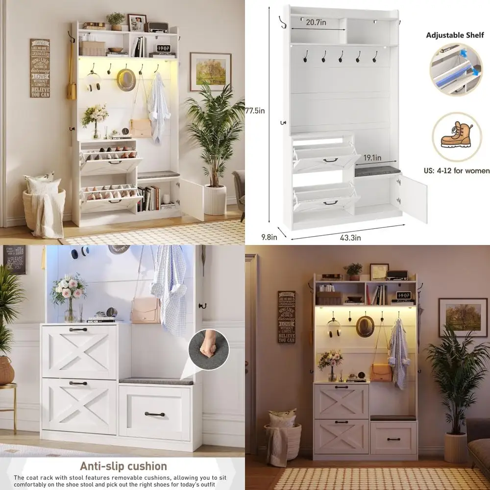 شجرة القاعة مع مساحة تخزين للأحذية، مقعد المدخل، رف المعاطف، أضواء LED، 78 طويلًا، 9 خطافات، تصميم يدوم طويلاً