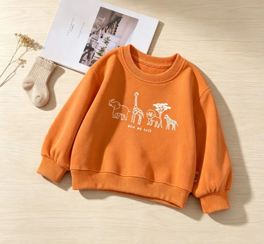 Toddler Kids Safari Animal Printed Sweatshirt Child Long Sleeve Crew Neck Orange Pullover Infant Daily Wear Full Sleeve Clothing