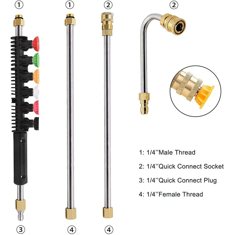 Pressure Washer Wand Extension - Power Washer Cleaner 10 FT Replacement Lance With 6 Nozzle Tips,Curved Rod,4000 PSI