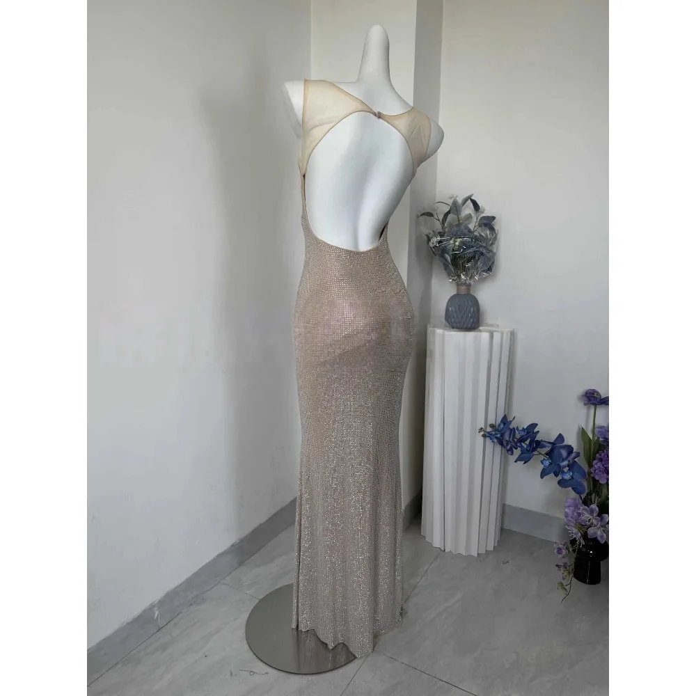 Neues 2026 Damen Luxus-Abendkleid mit Strass, tiefem V-Ausschnitt, figurbetontem Maxikleid, Spaghettiträgern, formelles Partykleid – Detail 5