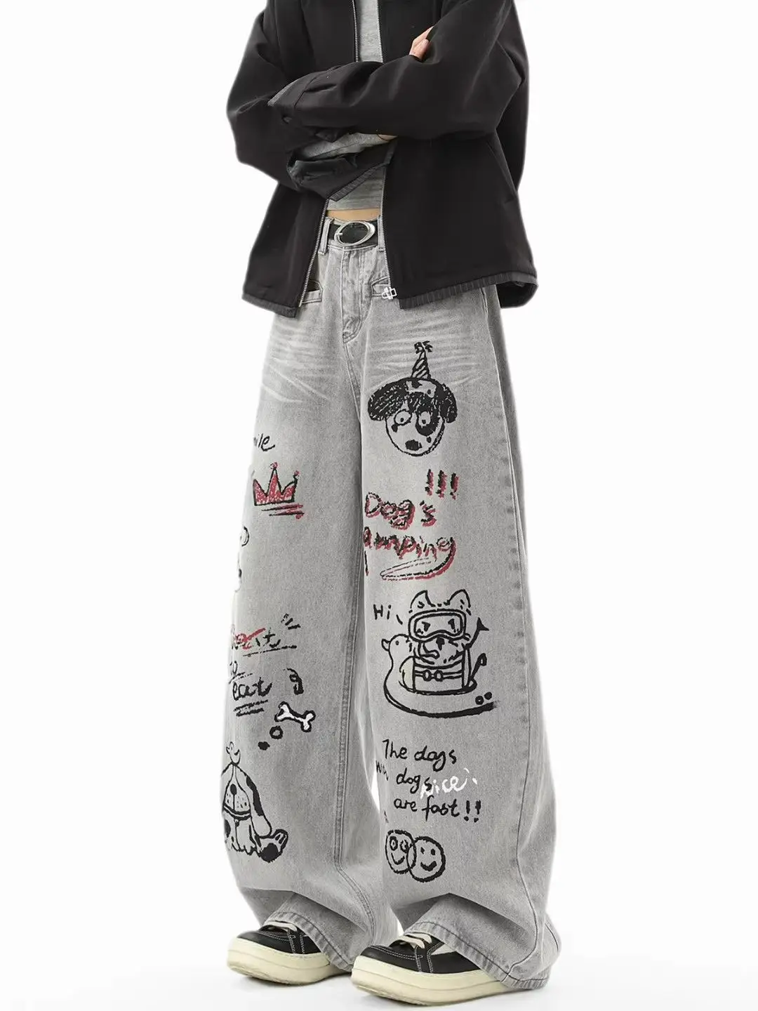 Y2K Cartoon Jeans Women American Graffiti High Street Design Spring Wide Leg Pants Retro Hanging Straight Leg Floor