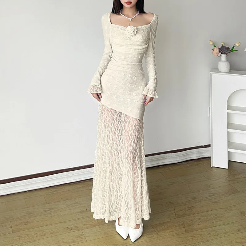 Solid Color French Style Square Neckline Bodycon Dress with Flower Decoration and Long Sleeves for Women's 2024 Fall Collection