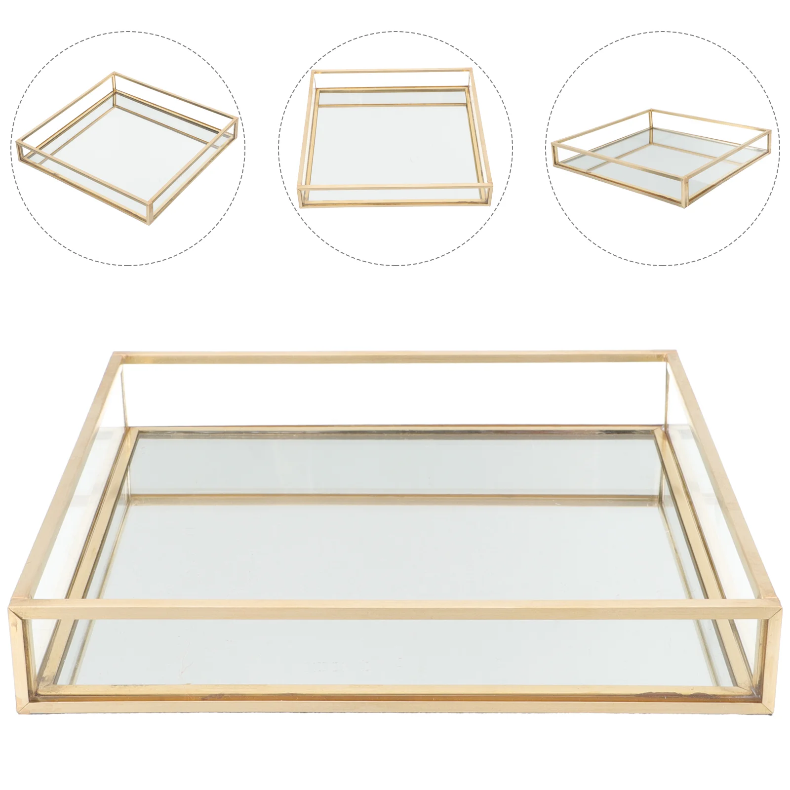 

Gold Rim Glass Tray Decor Accents Decorative Vanity Organizer Dresser Vintage Jewelry Square Perfume Holder Brass Trays for