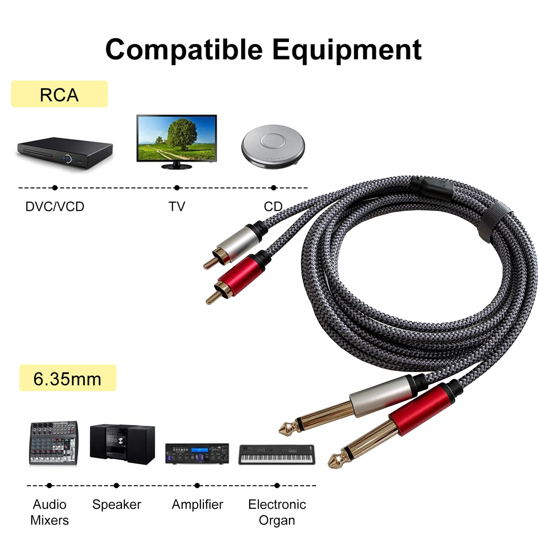 0.5m 1m 2m 3m 5m 10m HIFI Dual RCA to Dual 1/4 inch TS Audio Cable 2RCA to 2 6.35 DVD Mixer Connected Speakers TV AV Cable