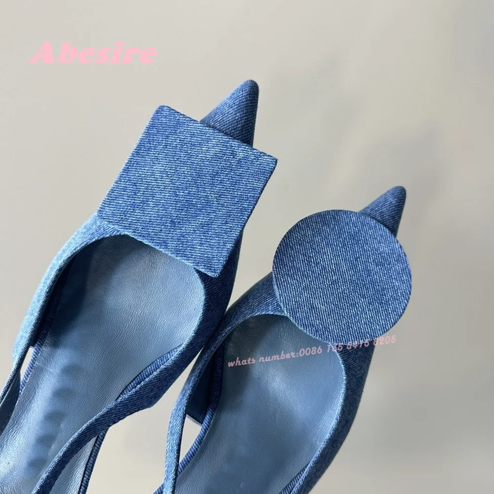 Denim Blue Irregular Shape Pumps Pointed Toe Slingback Buckle Women's Sandals Side Air Strange Style Casual Shoes 2024 Summer