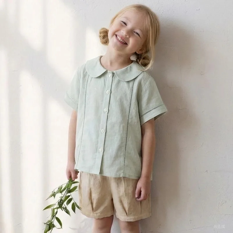 Ramie cotton solid color lapel short sleeved children's shirt  26 year summer, skin friendly and breathable women's treasure top