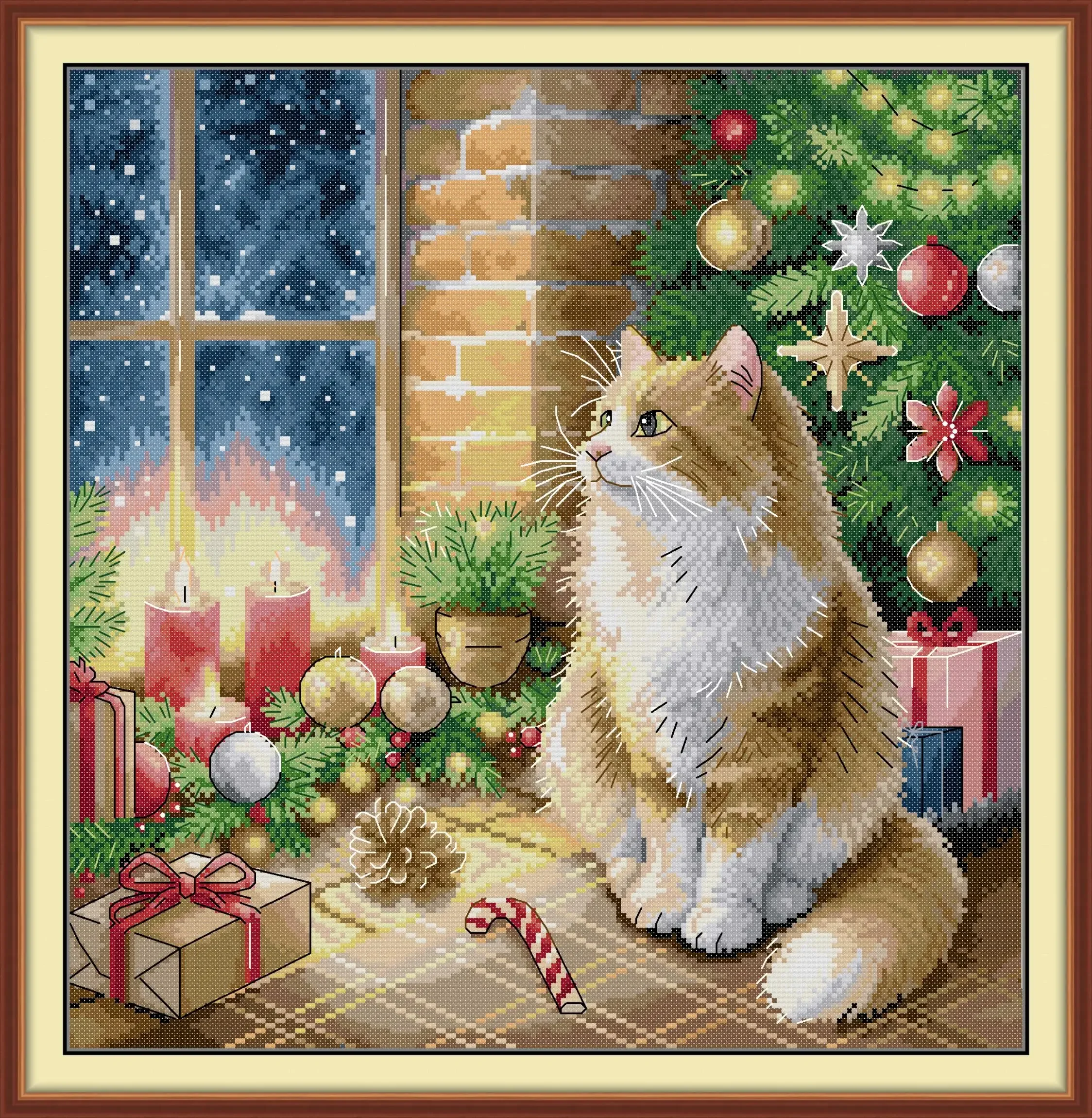 

Soulgift News Pre-Printed Cross Stitch Kit, Stamped Aida Fabric With DMC Threads, Embroidery Kit - Christmas Kitty