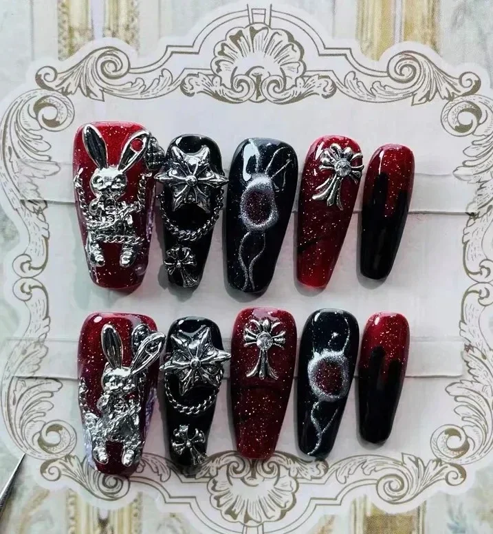 Handgemaakte Y 2K Pers Op Nagels Gothic Stijl Zwarte En Rode Halloween Nep Nagels Met Design Full Cover Lange Doodskist Acryl Nagel Tips