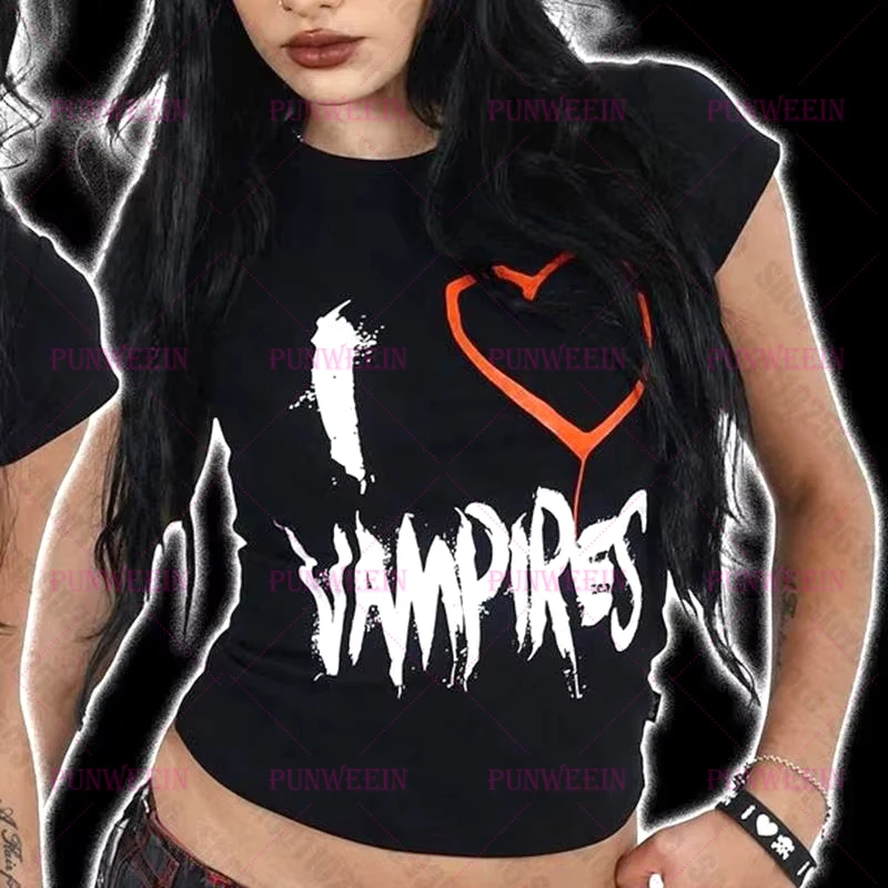 vampires Goth Emo 90s Clothes Vintage Y2k Top Women Gothic T-shirts Baby Tees Y2k Tops Aesthetic Anime Emo Girl Kawaii Clothing