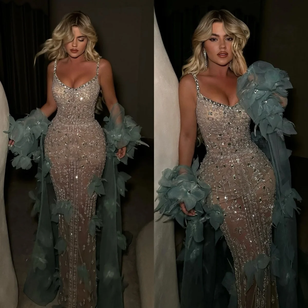 

Sparkly Evening Dresses Crystal Beaded Mermaid Prom Dress Cape Sequins Spaghetti Straps Customized Party Gowns Vestidos De Noche