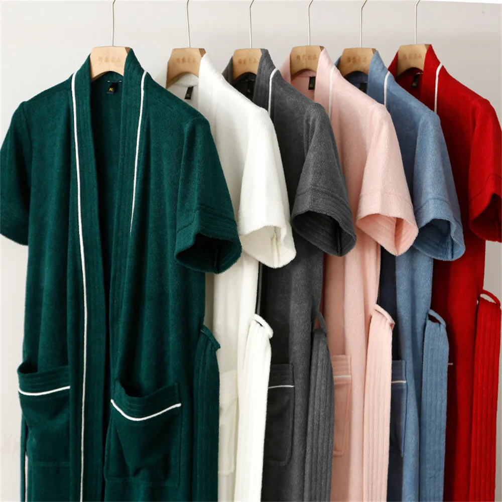 

FZSLCYIYI Cotton Bathrobe Men Women Absorbent Terry Bath Robe Kimono Couple Short Sleeve Towel Bathrobe Solid Sleepwea