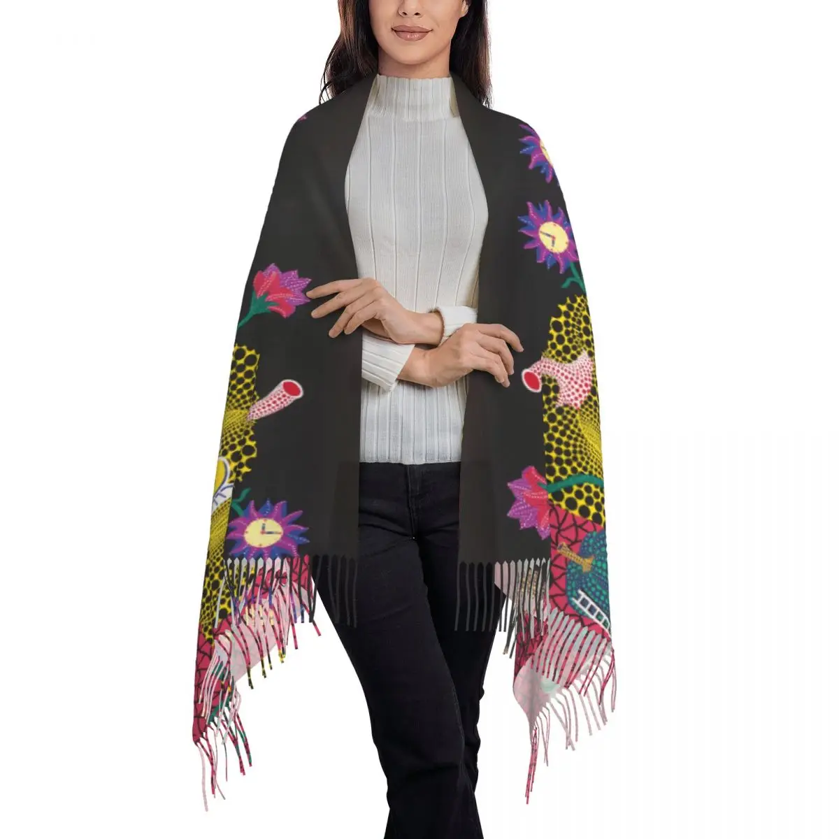 Custom Yayoi Kusama Abstract Painting Scarf Wrap Women Long Winter Warm Tassel Shawl Unisex Scarves