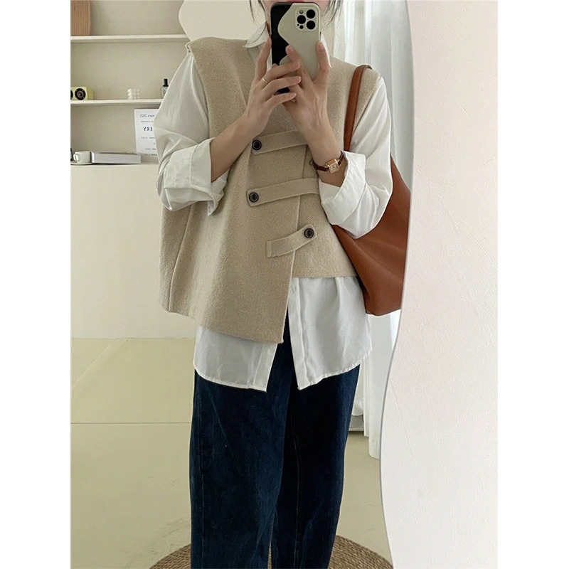 

MEXZT Irregular Sweater Vest Women Preppy Solid Chic Button Knit Waistcoat Korean Office Lady Elegant Knitwear Casual Top New