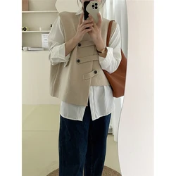 MEXZT Irregular Sweater Vest Women Preppy Solid Chic Button Knit Waistcoat Korean Office Lady Elegant Knitwear Casual Top New