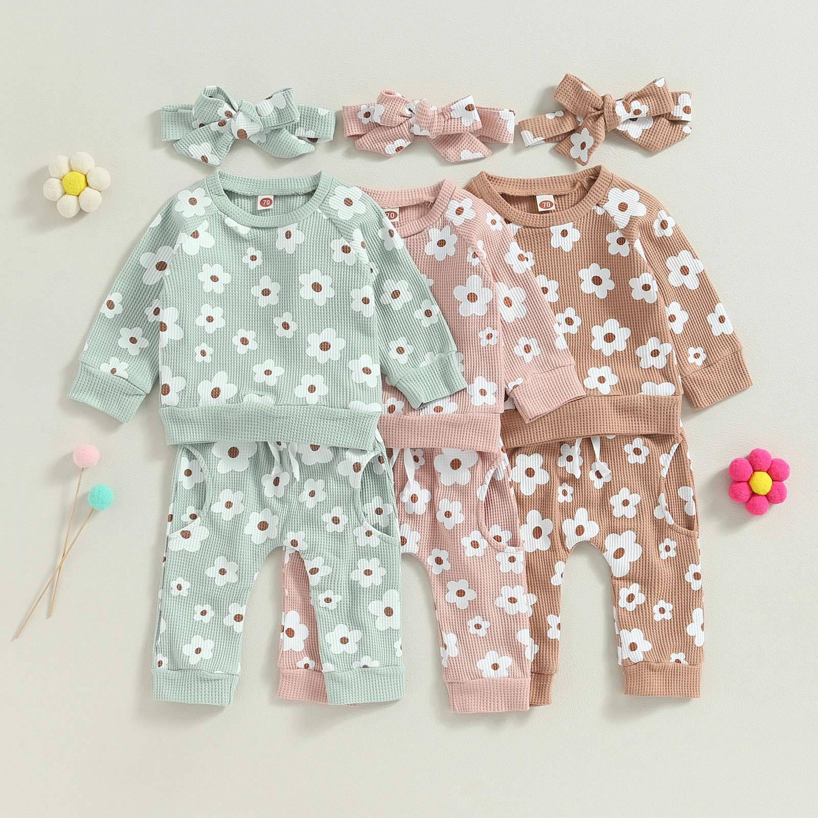 0-24M Infant Baby Girl Autumn Clothes Set 3pcs Flower Print Long Sleeve Sweatshirt Tops Pants Bow Headband