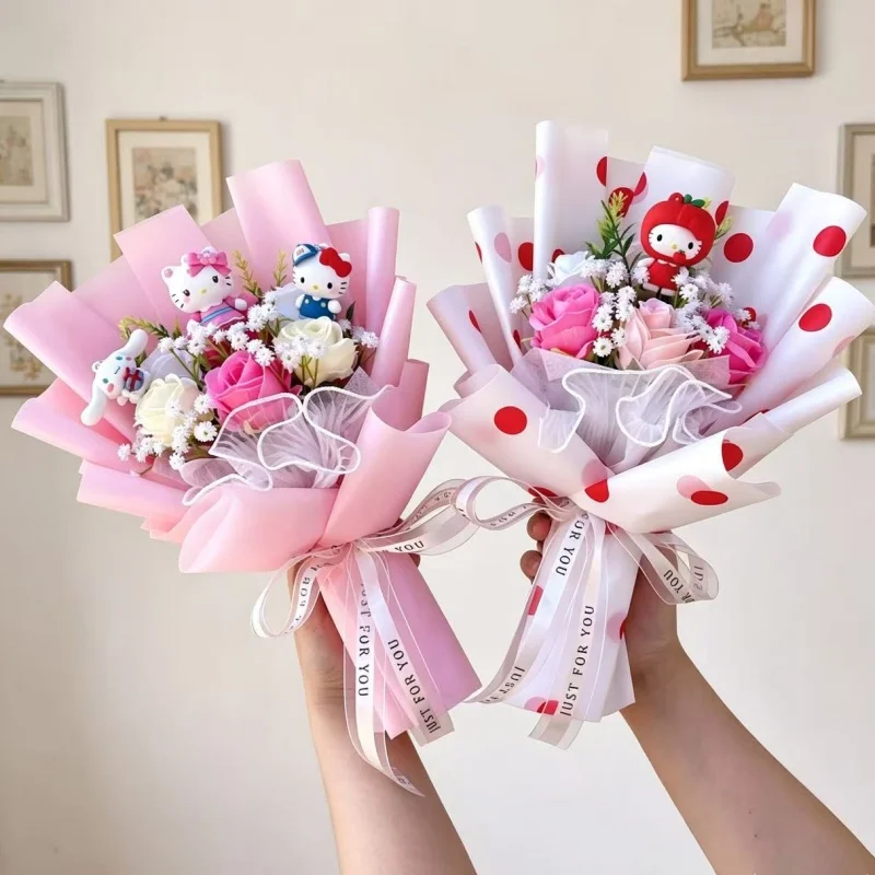 Genuine Sanrio Characters Hello Kitty Kulomi Melody With Artificial Flower Creative Bouquet Christmas Valentine Birthday Gifts