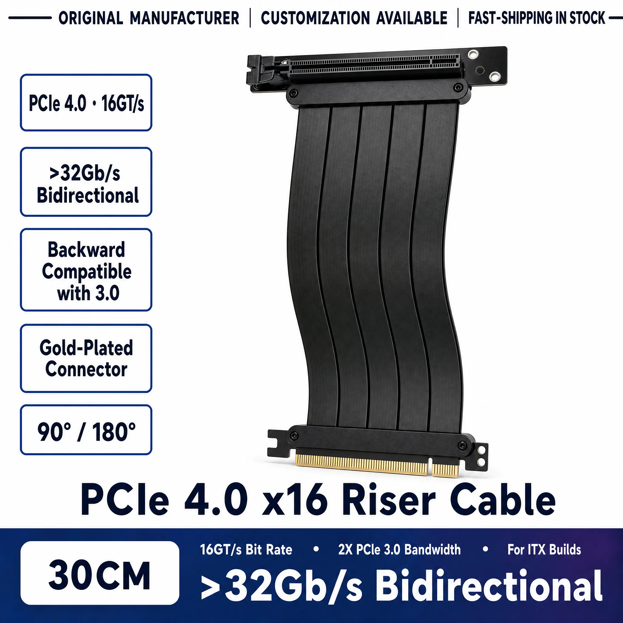 PCI-E 4.0 16X Extension Cable 30 cm Adapter Riser with 90°/180° Male to Female Connector Flexible X16 GPU Cable for Desktop PC