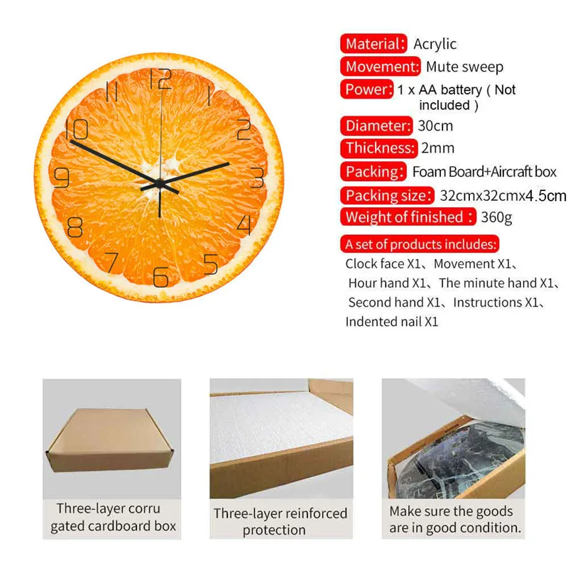 Orange Lemon Fruit Wall Clock Lime Modern Kitchen Clock Watch Home Decor Living Room Clock Tropical Fruit Wall Art Timepieces