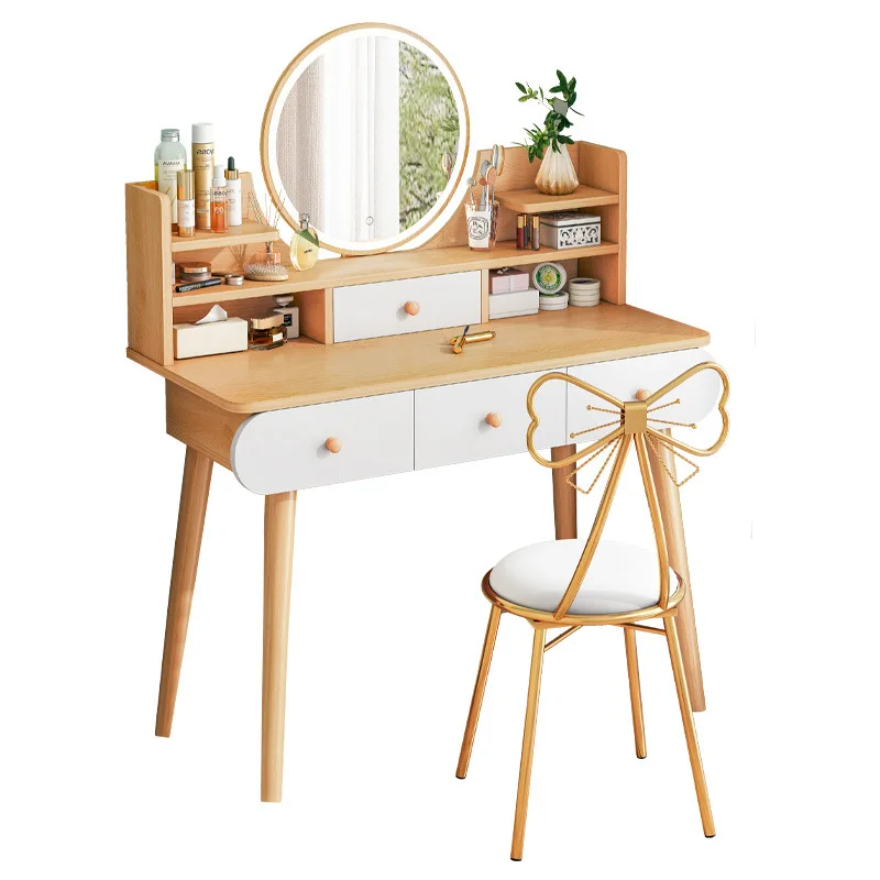 

*LED Light Dressing Table with MDF Wood Legs & Mirror Drawers Cheap Makeup Vanities for Bedroom Hotel Wholesale Furniture