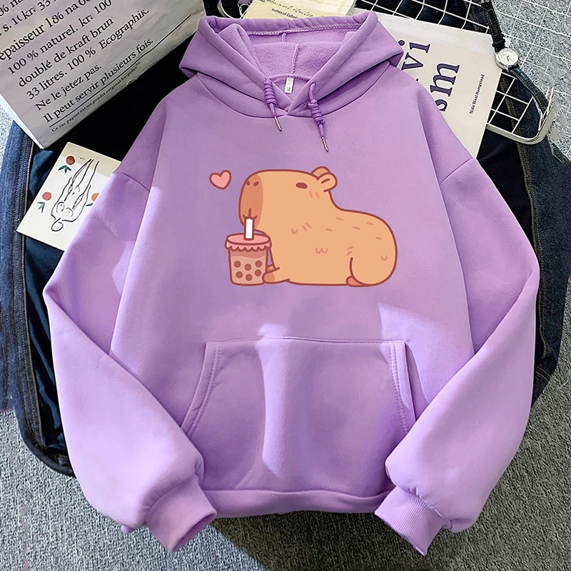 

Cute Capybara Drinking Bubble Milk Tea Hoodies Moletom Feminino Kawaii Cartoon Graphic Sweatshirts Winter Fleece Cute Sudaderas