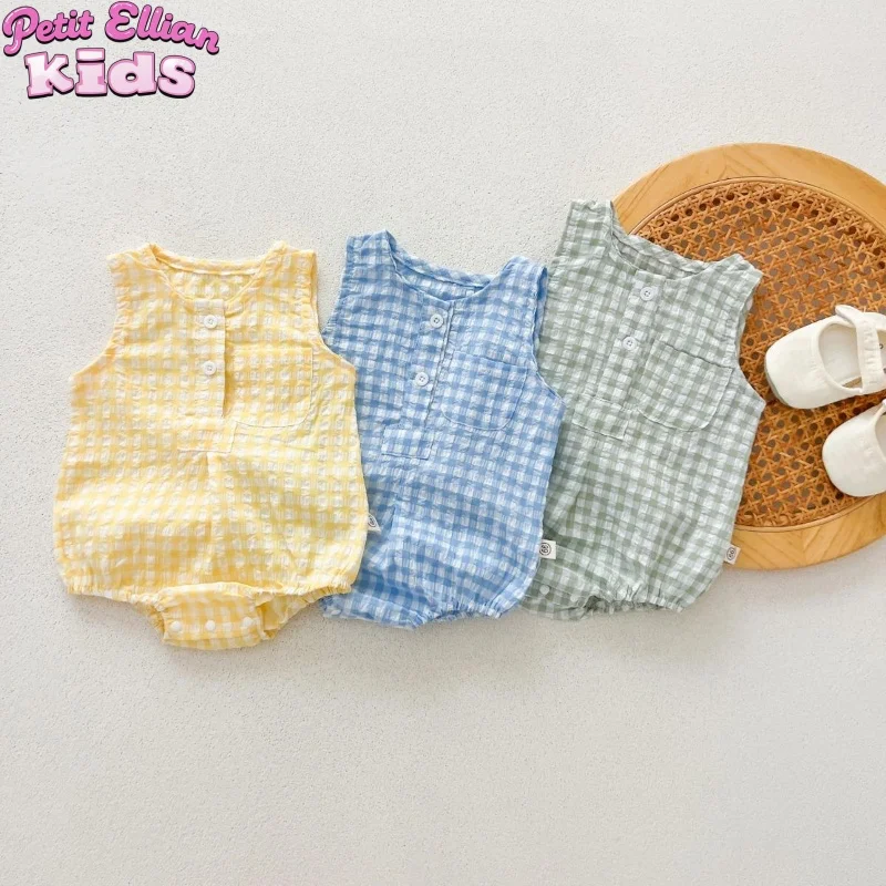 0-2 Y Baby Sleeveless Cotton Soft Breathable  Romper with Checkered Pattern Infant Onesie for Newborn Crawling Clothes