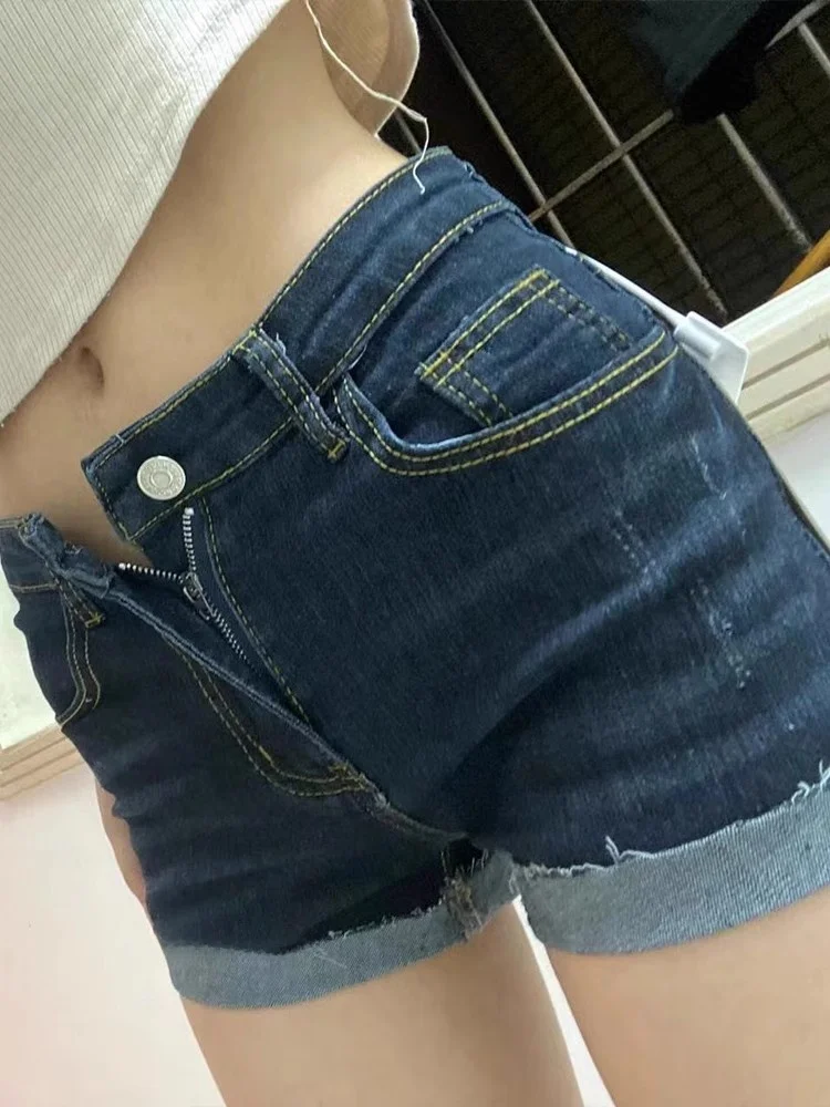 Sexy American Retro Low Waist Tight Denim Shorts for Women Summer Hot Pants Cuffed Short Length Straight Leg Low Waist