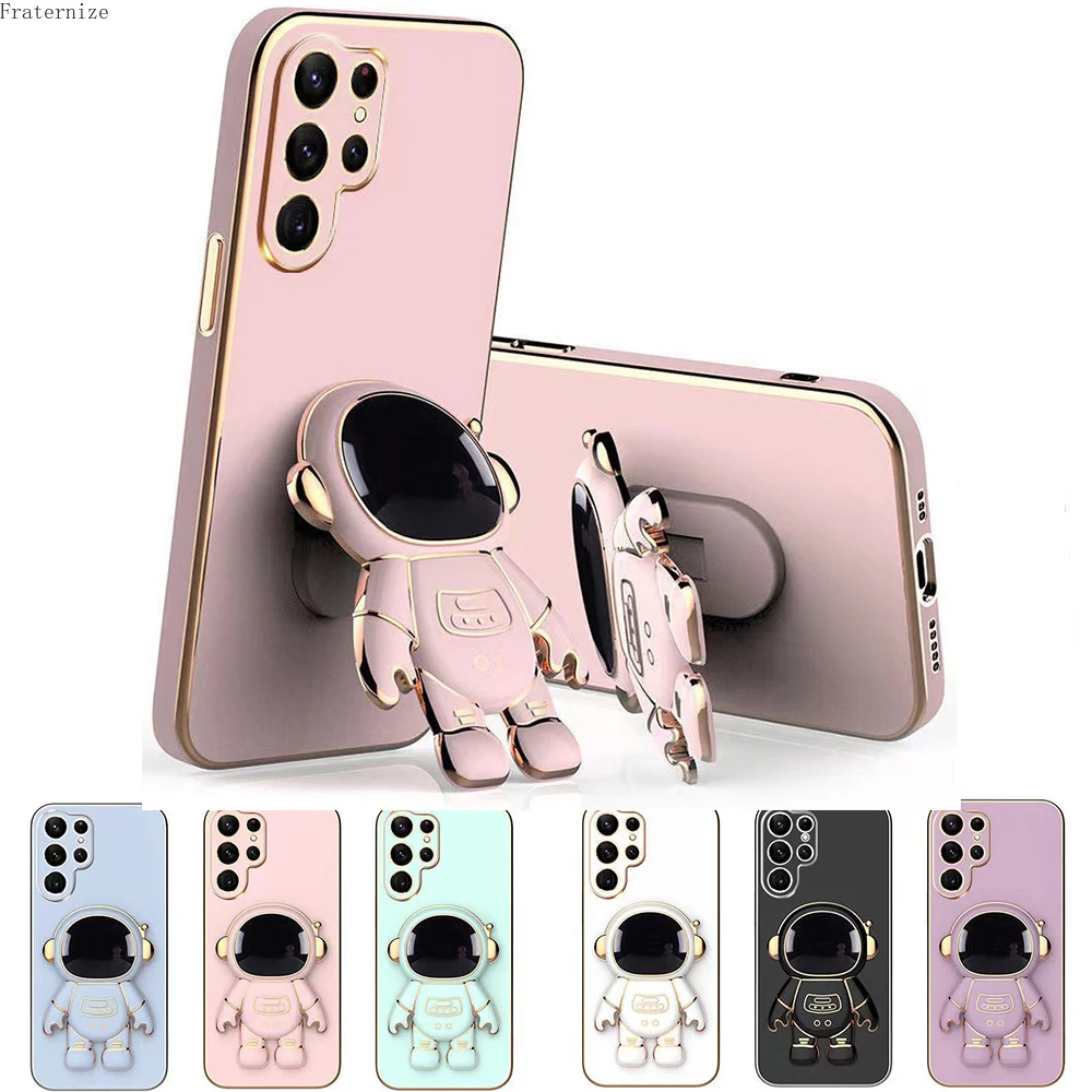 

for Samsung Galaxy Note 10 20 S10 S20 S21 FE S22 Ultra Plus A53 A52 A22 A33 A32 A72 A73 Astronaut Stand Holder Plating Soft Case