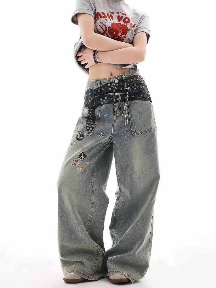 Women Blue Y2k Boyfriend Jeans Japanese 2000s Style Graffiti Print Jean Pants 90s Vintage Harajuku Baggy Denim Trousers Clothes