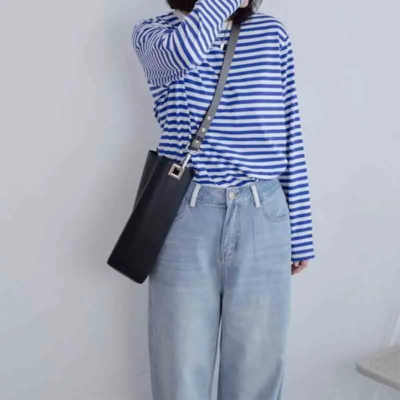 

Korean Fashion Women Striped T-shirt Spring Autumn Harajuku Female Clothing Preppy Style Loose Long Sleeve Versatile Casual Tops