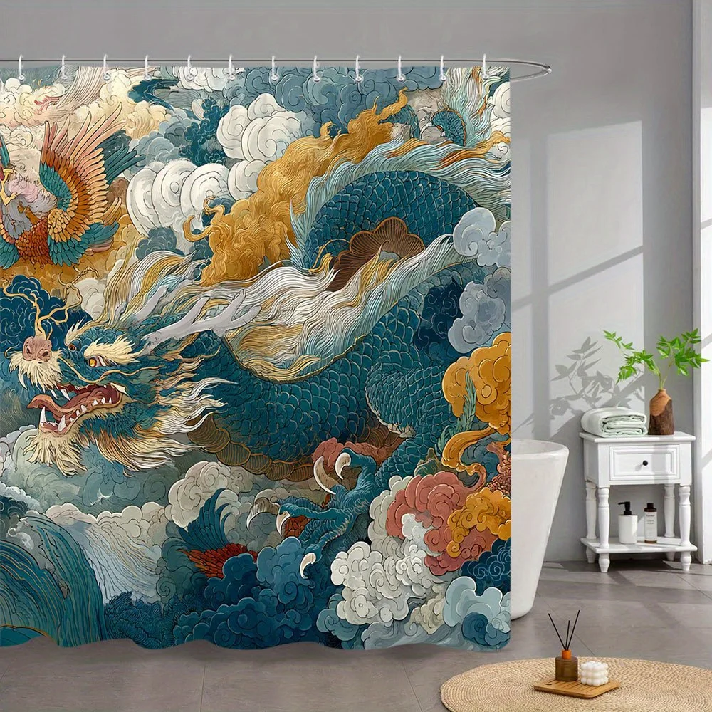 Dragon & Phoenix Print Waterproof Shower Curtain for Bathroom, Traditional Oriental Design High-End Toilet Partition Curtain